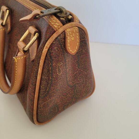 ETRO Paisley Bag Mini Tote Boston Purse Pouchette Brown Zip Small 6x4x3 Leather - Picture 3 of 13